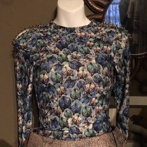 Wolf print bodysuit open shoulders trimmed n studs